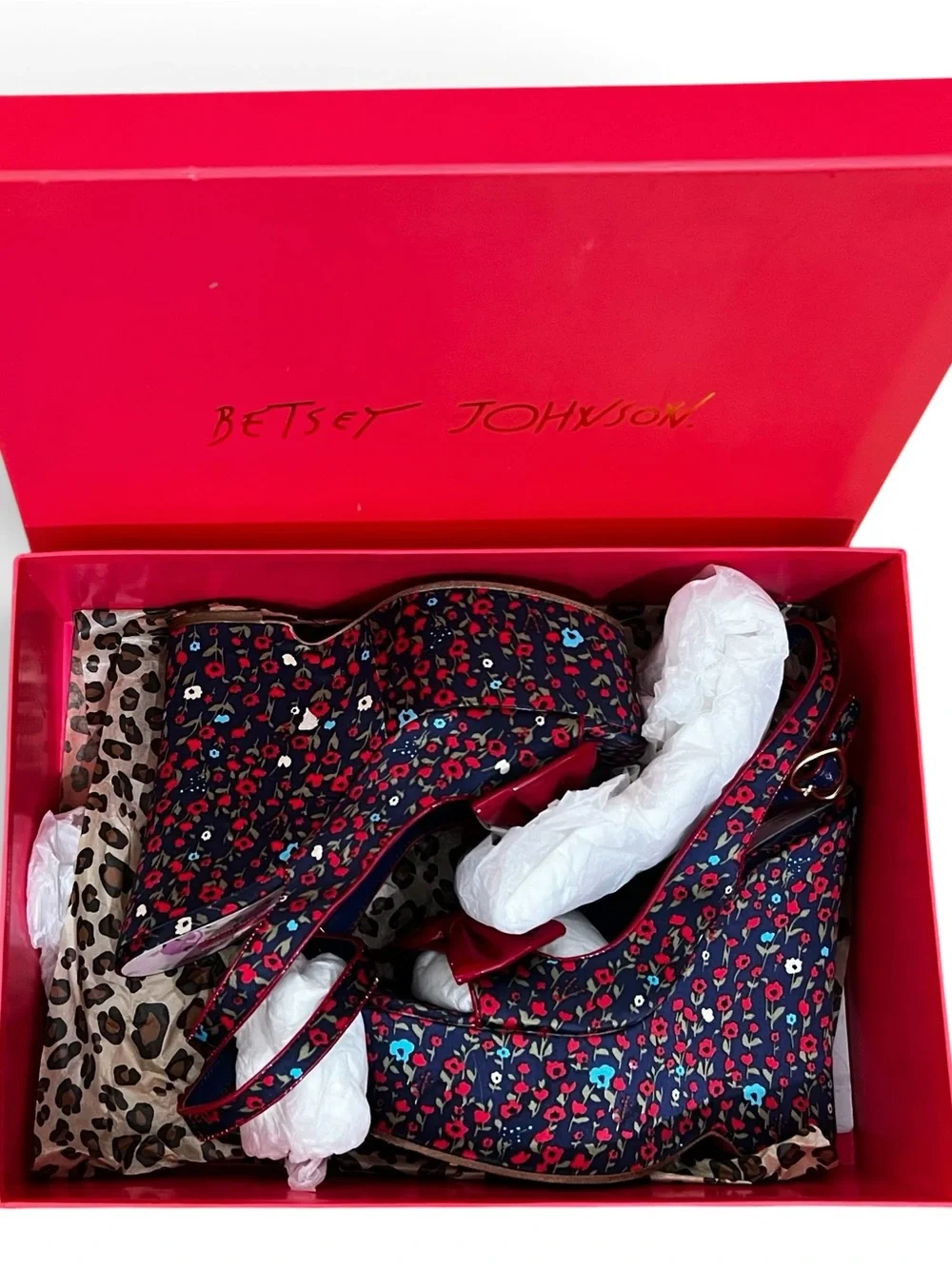 Betsey Johnson Navy Floral Platform Slingbacks with Red Bow